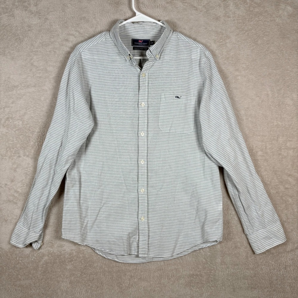Vineyard Vines Slim Fit Tucker Shirt Mens Medium Blue White Stripe Linen Blend